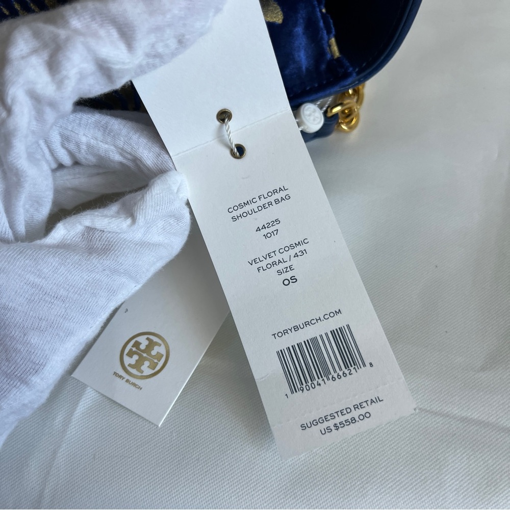 Tory Burch Blue and Gold Floral Velvet Shoulder Bag - Picture 7 of 10